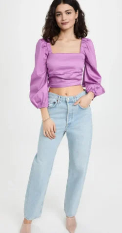 Women's 00 Square Cotton Veronica Puff Blend Neck Top, Sleeve Beard Orchid