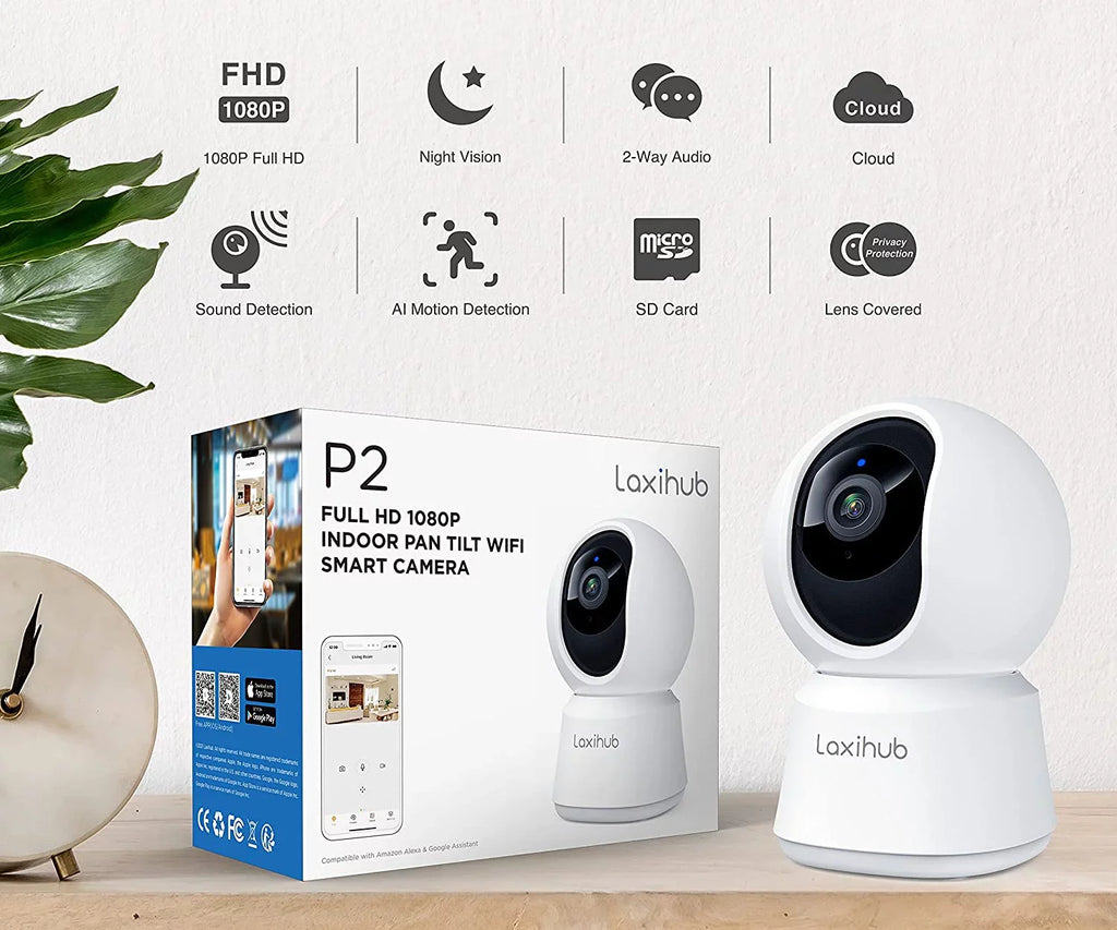 Pan/Tilt 2.4g Camera, Night Vision, Monitor, Audio, with Motion Detection, Security Alexa 360° 1080P Two-Way Laxihub WiFi Baby IR Sound Works &
