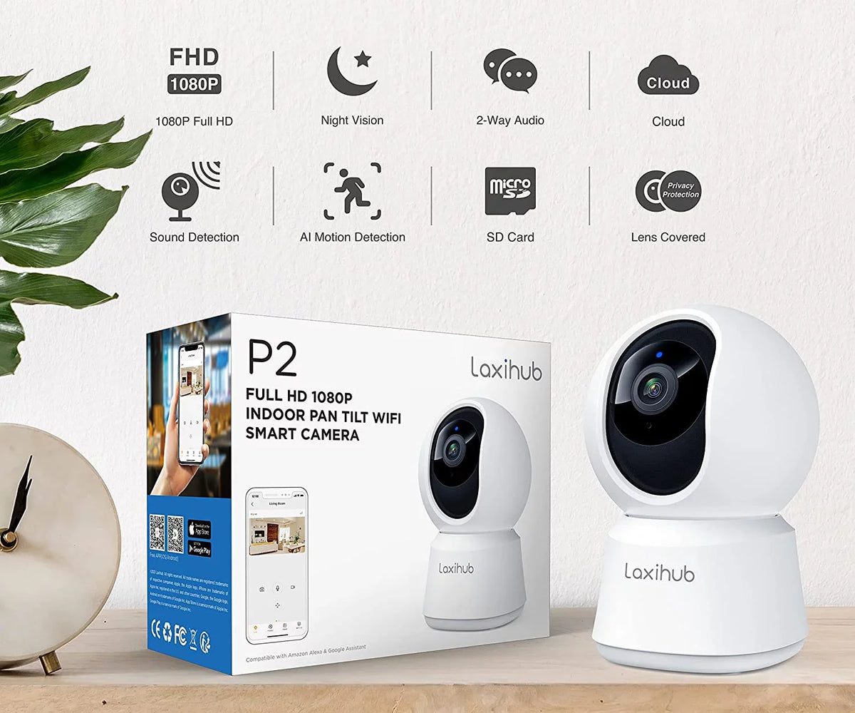 Pan/Tilt 2.4g Camera, Night Vision, Monitor, Audio, with Motion Detection, Security Alexa 360° 1080P Two-Way Laxihub WiFi Baby IR Sound Works &