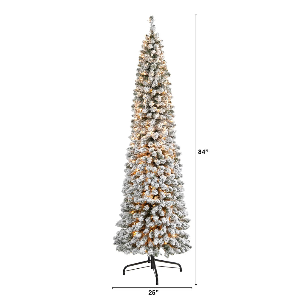 Artificial Pencil White Nearly Clear Lights Natural Prelit Christmas Flocked 7' 400 Tree