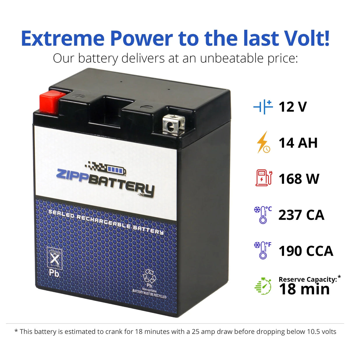 Battery CCA) Volt,14 600 12 Kaf400 Utility Mule Ah, 190 Zipp for YB14A-A2 Battery (14A-A2 400cc Vehicle 610 Kawasaki 05-'07
