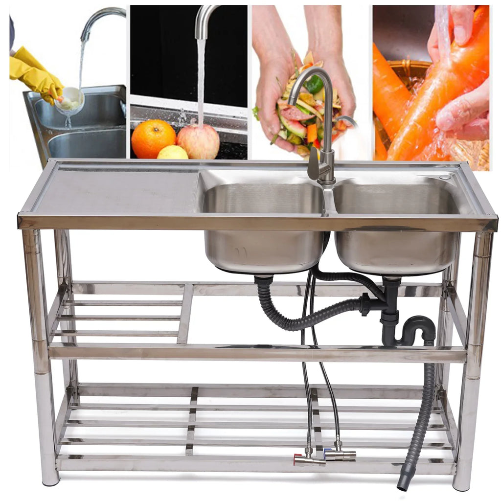 Steel Catering Utility Sink Table+360° Basin Sink 2 Drainboard Kitchen Loyalheartdy Stainless Commercial Compartment Prep Faucet+2