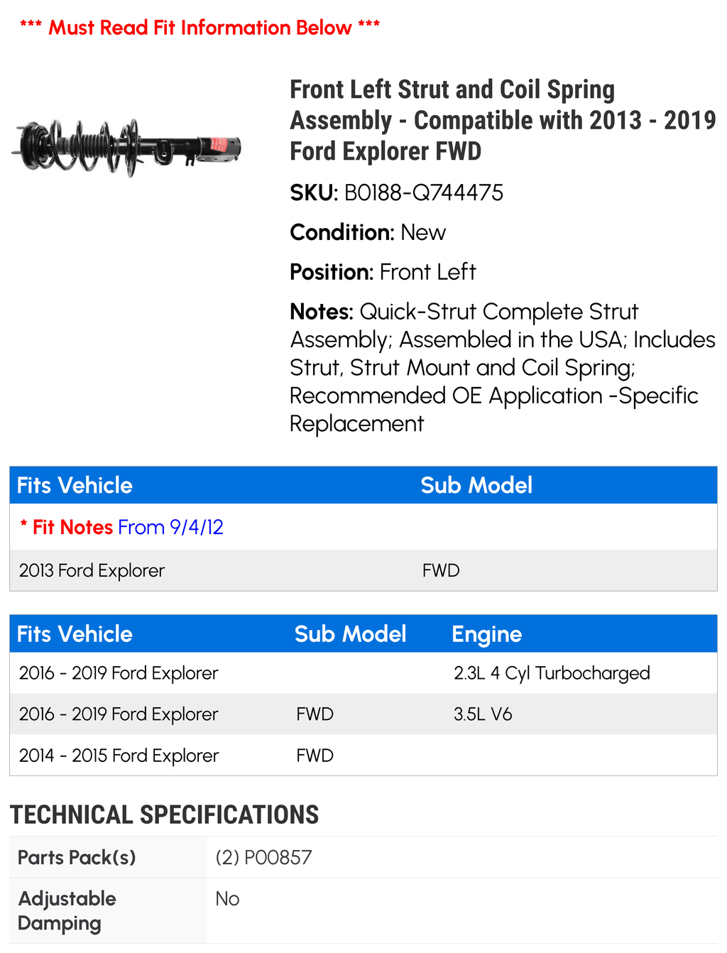 2014 Ford Strut Assembly 2018 2013 Explorer - FWD Coil and - Left with 2017 2016 2019 Compatible Front Spring 2015