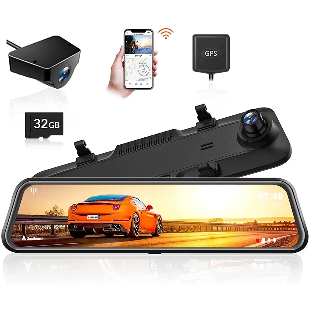 Monitor, Mirror Cam Vision, Rear Camera, Parking 2.5K Free WOLFBOX 32GB with Camera, Dash View GPS, Wi-Fi Built-in Card and Front Night 1080P 12'' Rear Mirror
