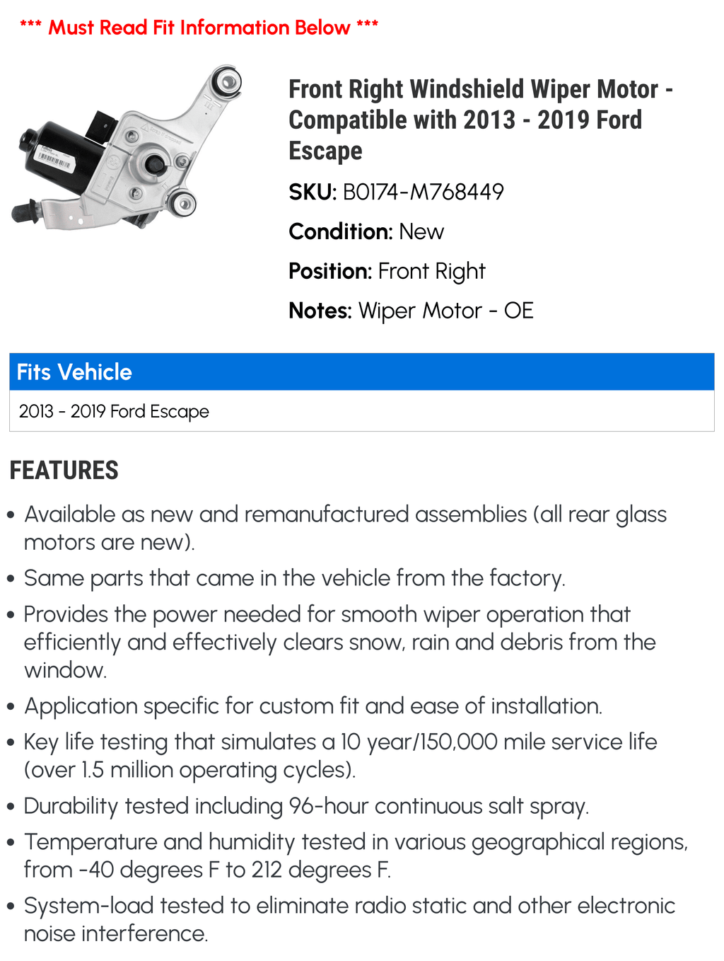 2017 Ford 2013 2015 2016 2019 Front Right 2014 Compatible Wiper with Escape Windshield Motor - 2018 -