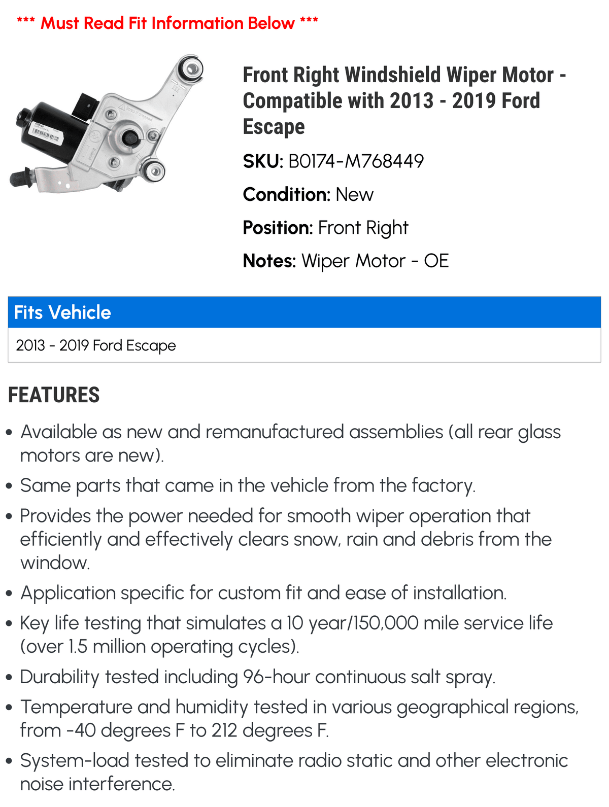 2017 Ford 2013 2015 2016 2019 Front Right 2014 Compatible Wiper with Escape Windshield Motor - 2018 -