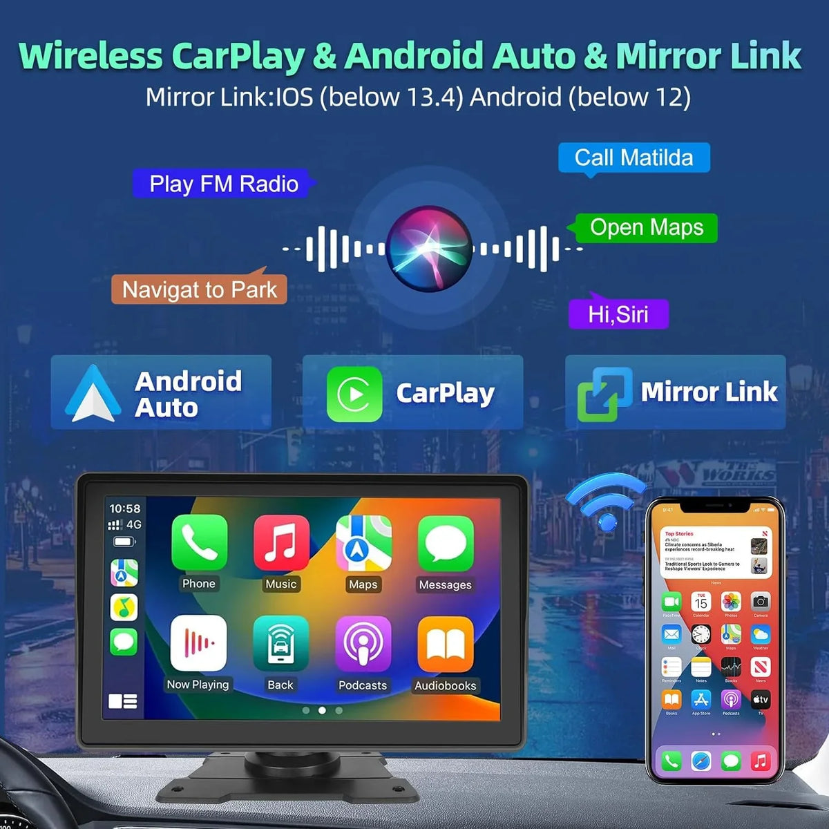 Link TF/USB Car Touch Van 12-30V Stereo Suv with Camera Radio Pickup, Android FM Screen Wireless Carplay Auto Portable Mirror Backup Car Bluetooth 7" Podofo for