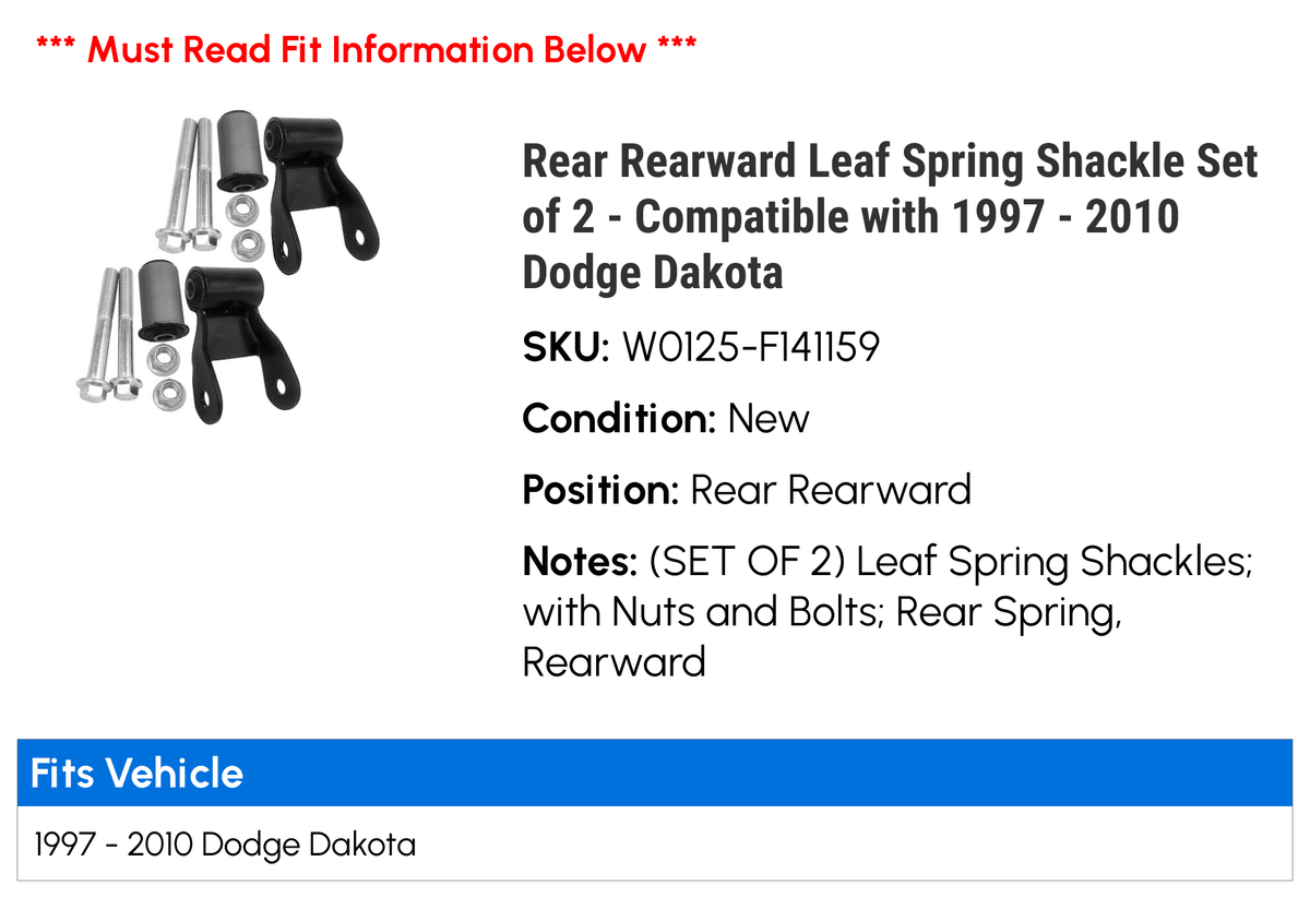 1999 2001 2008 2002 Set Rear 2004 Rearward 2000 Leaf 2 - of Dodge Spring Shackle Compatible 2010 2009 2003 2007 with 2006 2005 - Dakota 1998 1997