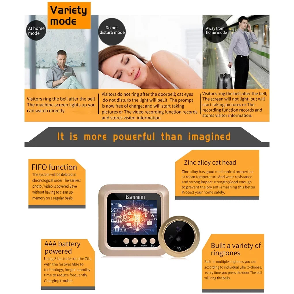 Angle Disturb Peephole 2.4" Vision Door Viewer 2.0MP Drilling Cam Door Wide Video Bell W5 Camera inch Security Doorbell No Need Eye Night