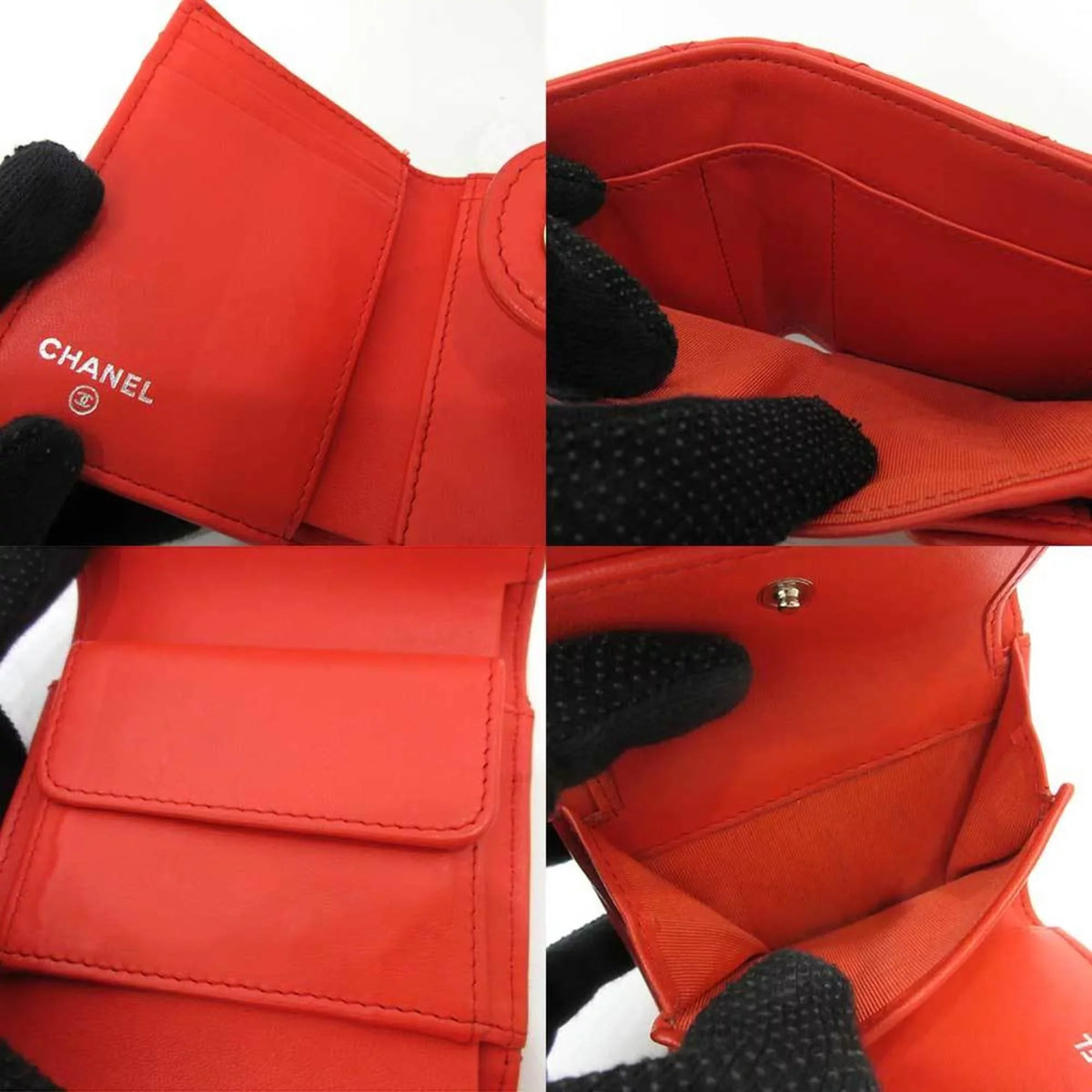 Small Pre-Owned Mini Trifold Women's Wallet Series CHANEL Red Orange Silver Metal (Good) Matelasse Lambskin Fittings Chanel