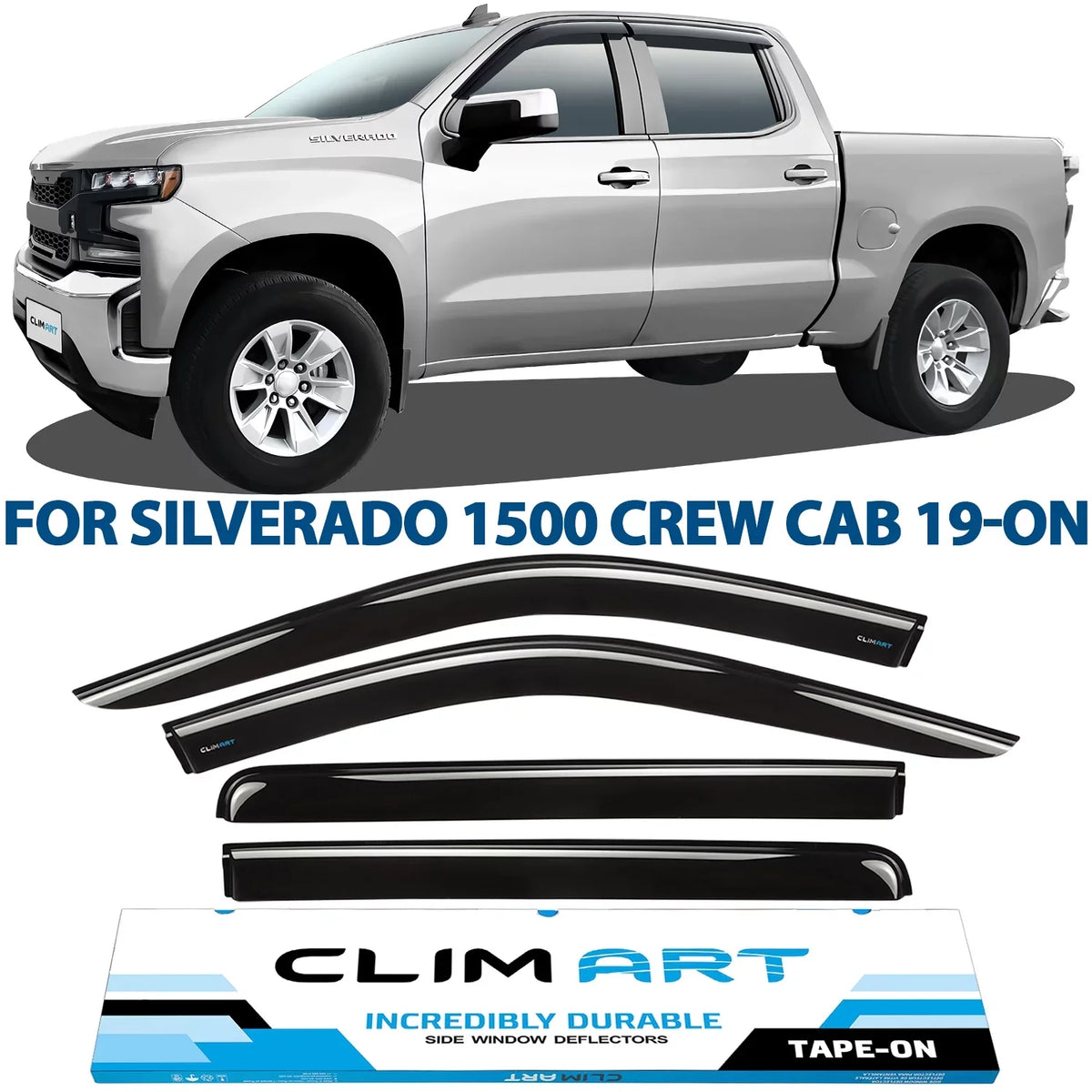 Rain ART Crew Guards (Chevy) Durable Truck with Chevrolet 2019-2024 Cab, Window Vent Silverado/GMC Compatible 419160 Window Visors, 4pcs- Sierra Accessories, 1500 Incredibly Deflectors, Tape-on CLIM