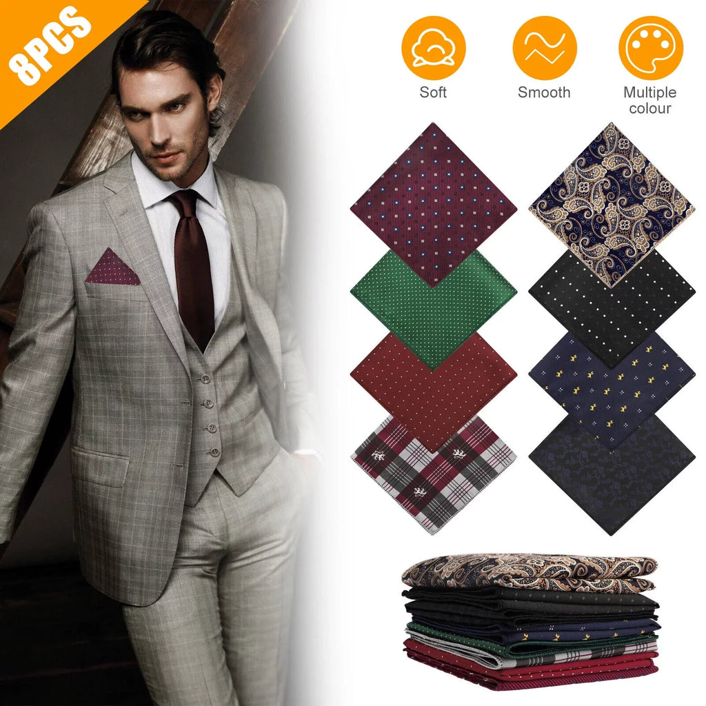Wedding Silk Handkerchief Dot Square Party Hanky Men Floral Pocket Fashion 8PCS