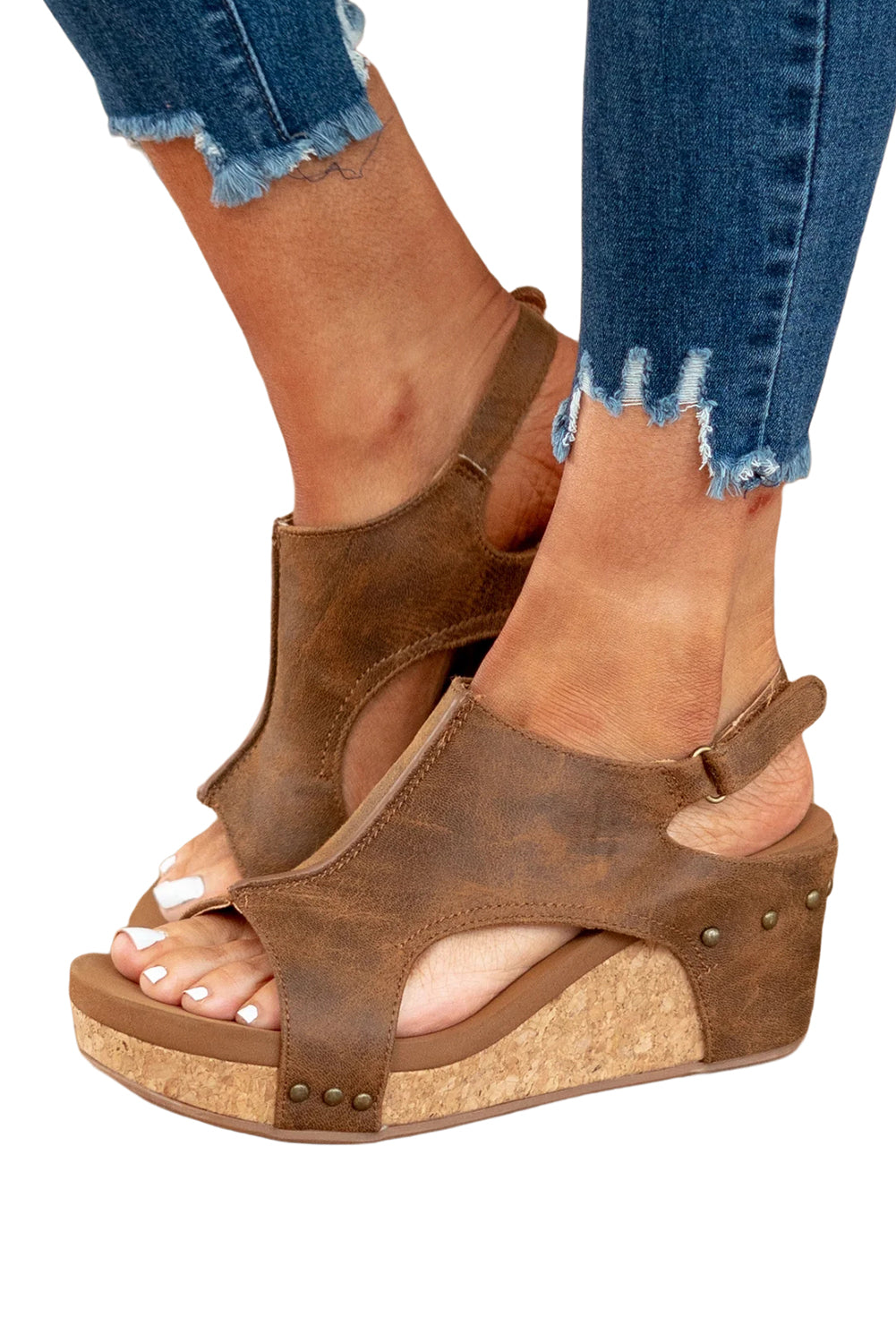 Vintage Leather Sandals Stitching Wedge Gray Studded