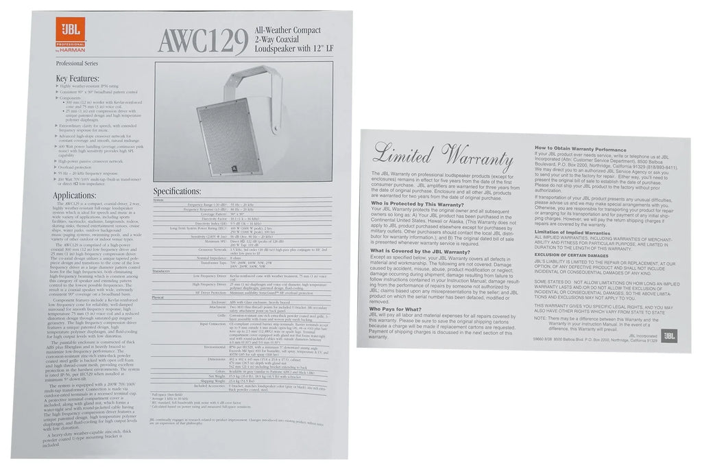 Surface 2-Way 200w AWC129 JBL Mount Commercial Speaker 70V 12" Indoor/Outdoor