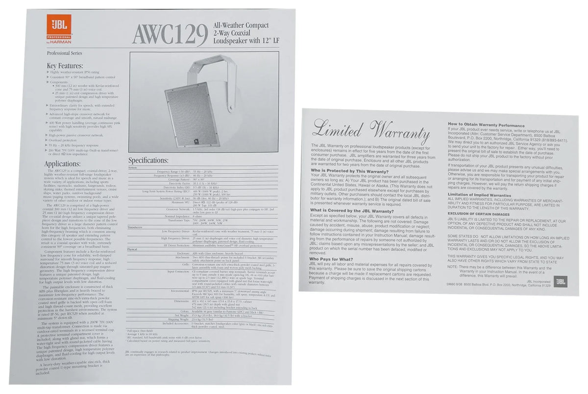Surface 2-Way 200w AWC129 JBL Mount Commercial Speaker 70V 12" Indoor/Outdoor