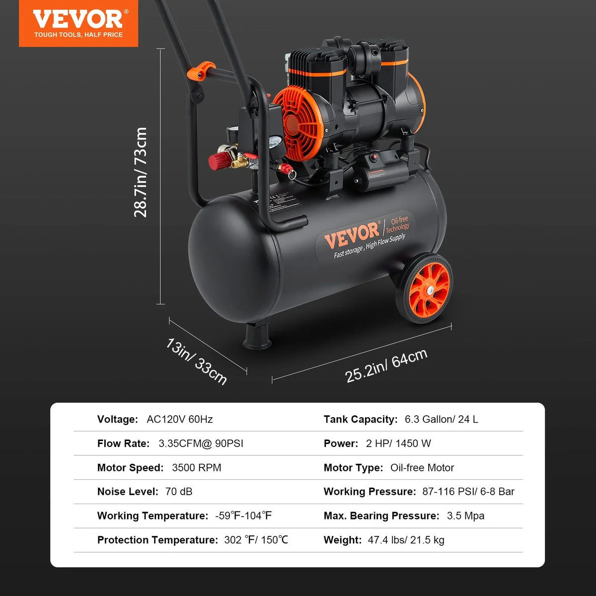 Ultra CFM 1450W, Oil-Free, VEVOR 70 90PSI, Gallon, @ Compressor, Quiet 6.3 Air 3.35 dB
