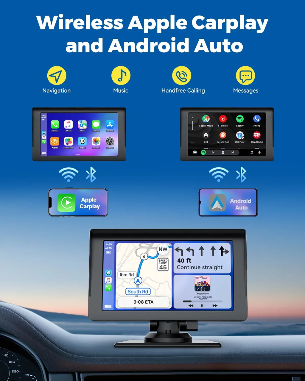 Wireless with Inch Portable Car LAMTTO Siri Camera,HD Car Apple Audio Touchscreen with Auto,Bluetooth,FM, Video,Car Navigation Carplay,1080P Portable Stereo Reverse GPS 7 Receivers Airplay,Android