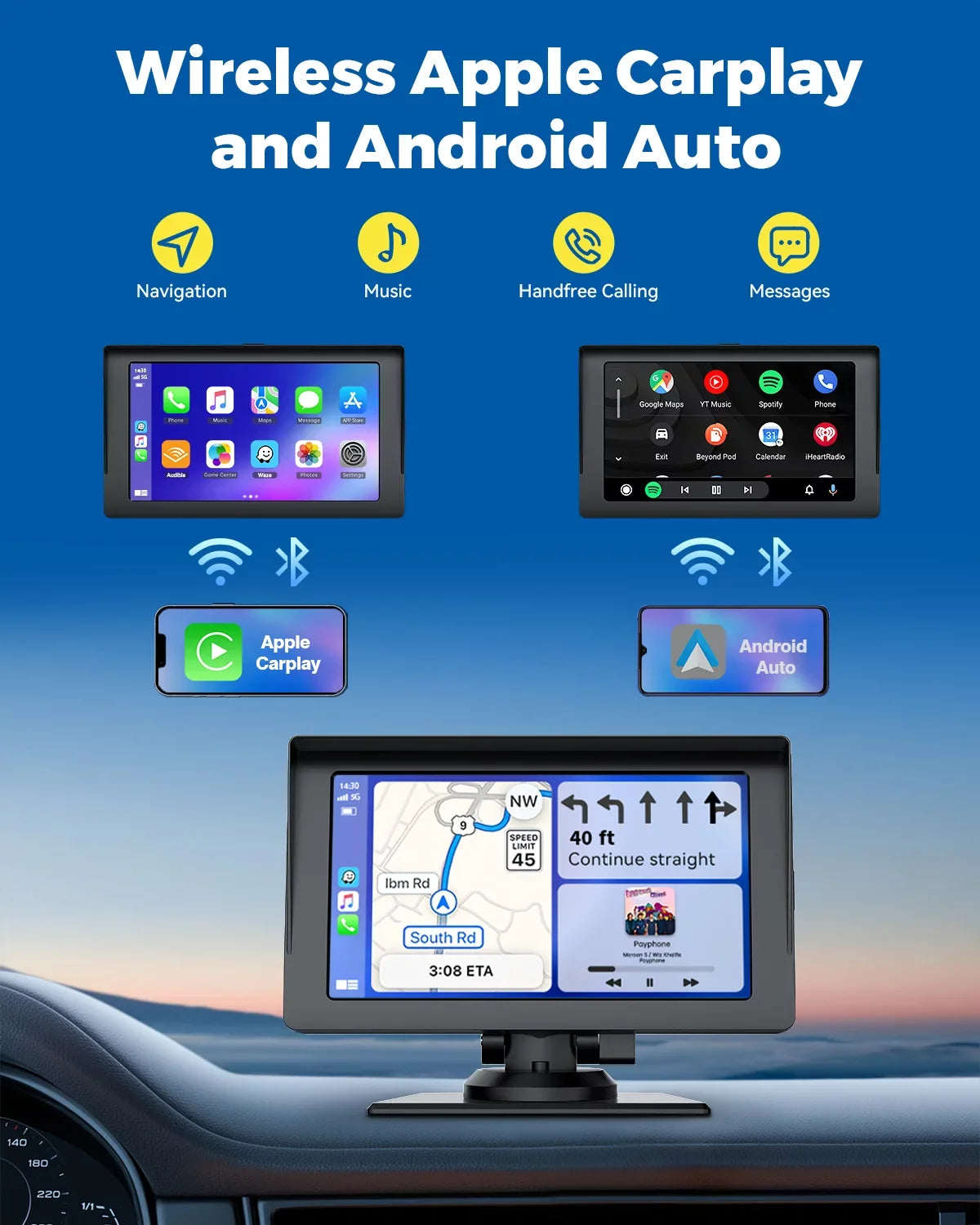 Wireless with Inch Portable Car LAMTTO Siri Camera,HD Car Apple Audio Touchscreen with Auto,Bluetooth,FM, Video,Car Navigation Carplay,1080P Portable Stereo Reverse GPS 7 Receivers Airplay,Android