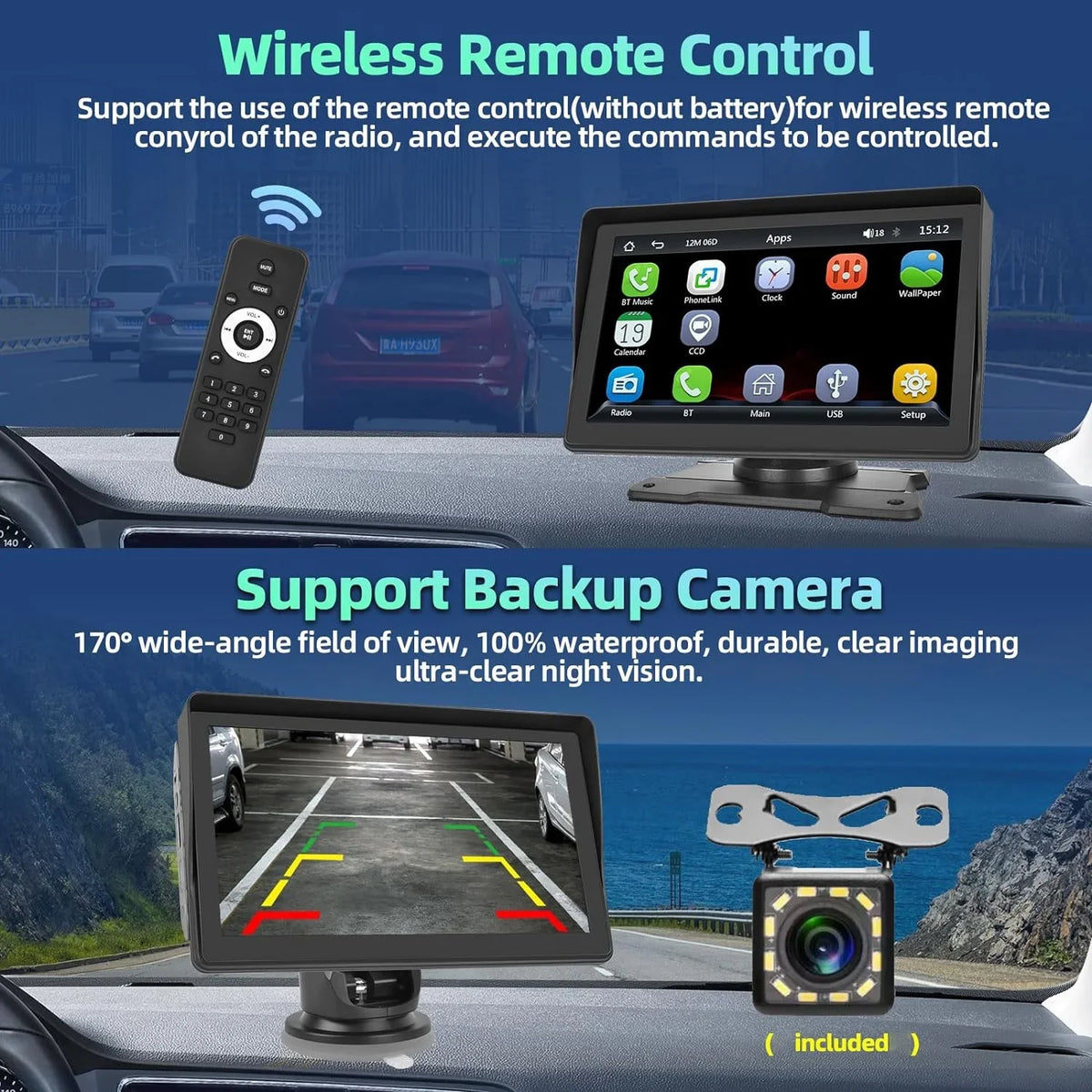 Link TF/USB Car Touch Van 12-30V Stereo Suv with Camera Radio Pickup, Android FM Screen Wireless Carplay Auto Portable Mirror Backup Car Bluetooth 7" Podofo for