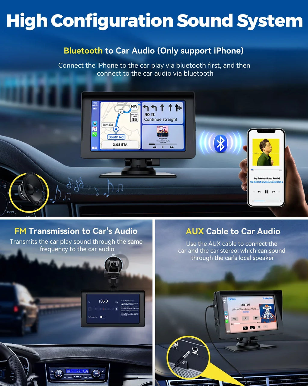 Wireless with Inch Portable Car LAMTTO Siri Camera,HD Car Apple Audio Touchscreen with Auto,Bluetooth,FM, Video,Car Navigation Carplay,1080P Portable Stereo Reverse GPS 7 Receivers Airplay,Android
