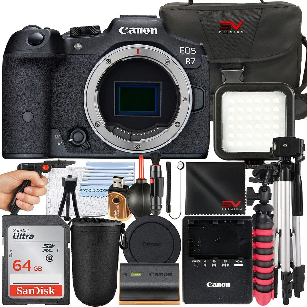 Camera Premium Only) R7 + + EOS (Body SanDisk Card SV Mirrorless + Canon Bundle 64GB Memory Tripod Case Accessory with