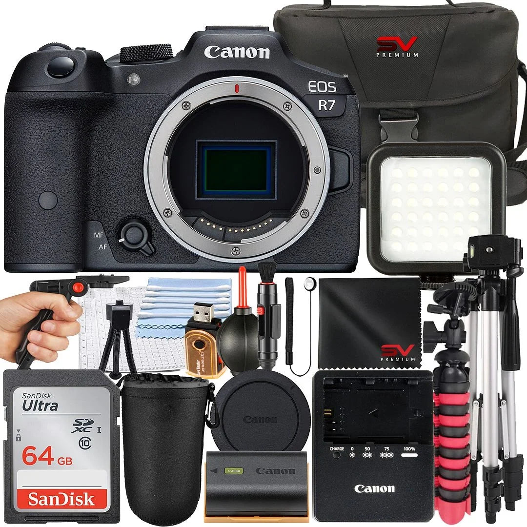 Camera Premium Only) R7 + + EOS (Body SanDisk Card SV Mirrorless + Canon Bundle 64GB Memory Tripod Case Accessory with