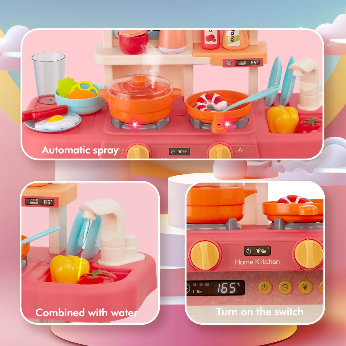 42-Pack Lights, Set Girls Play Educational Food, Real Toys Kitchen Set Toy and for Pretend Accessories Toys Toddler Preschool Pink Kitchen Kids Toddlers, with for Boys, for Sounds
