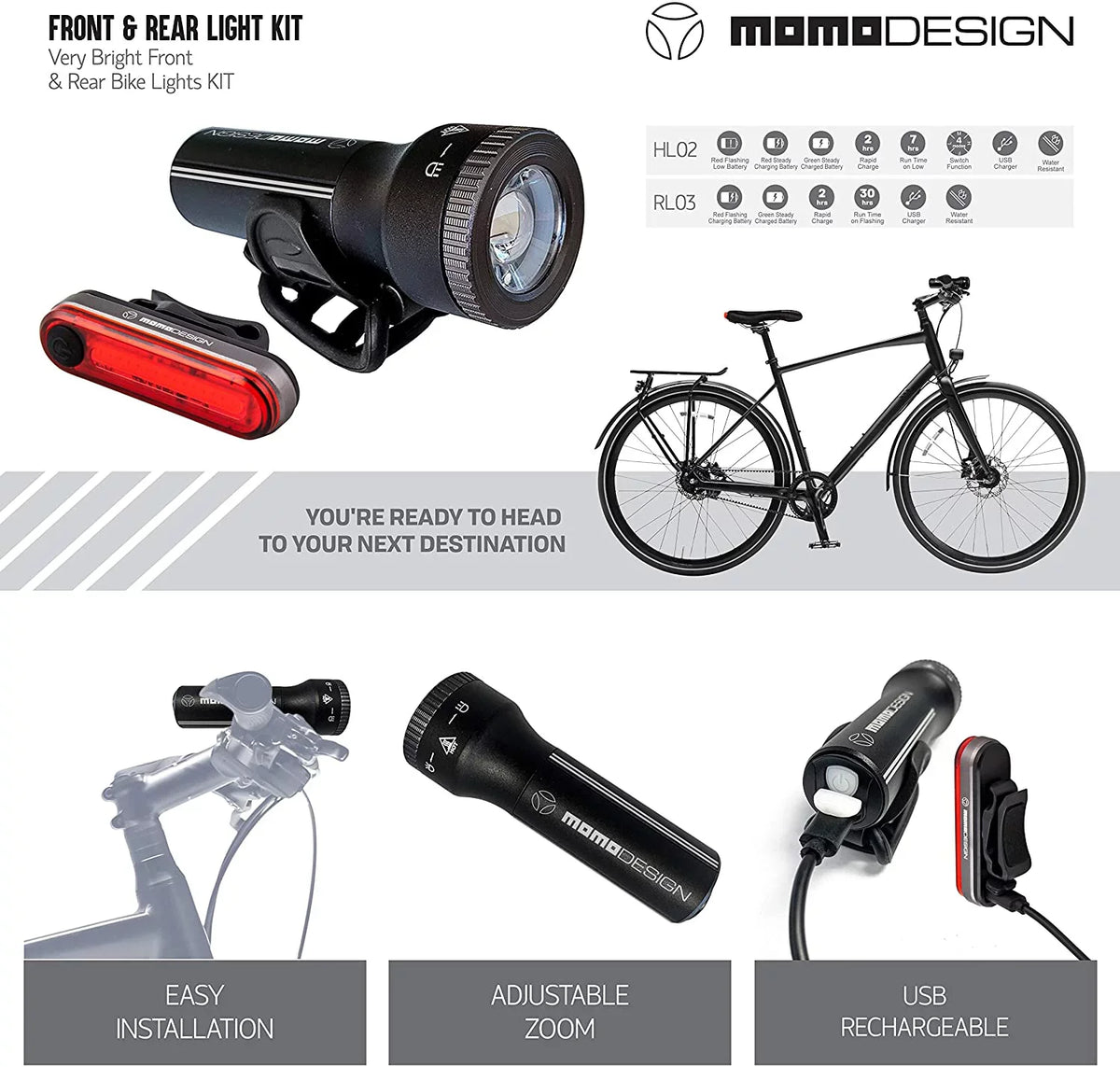 Light Light Rechargeable, COMMUTERS Weather USB Designed & Visibility, Headlight MOMODESIGN Resistant, Bike for Rear 300 Night KIT for