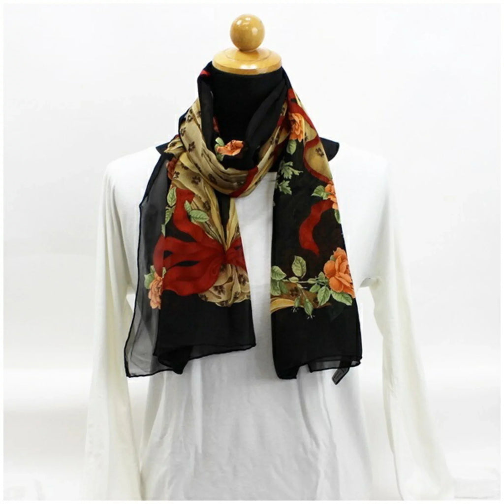 scarf Ferragamo silk New) FERRAGAMO Salvatore muffler paper stole SALVATORE ribbon Pre-Owned pattern (Like ladies black rectangle