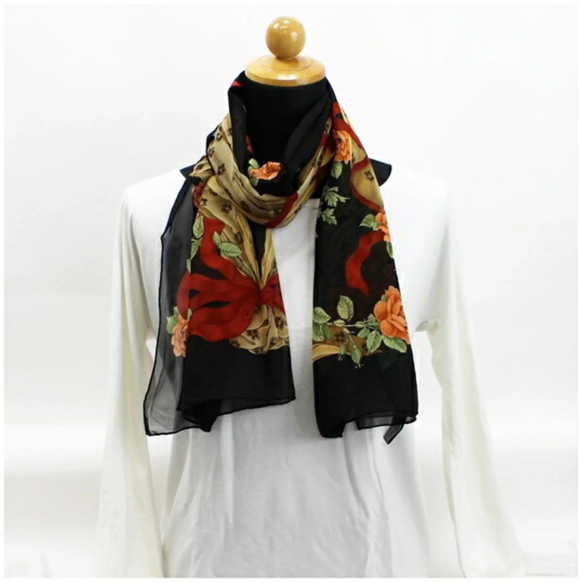 scarf Ferragamo silk New) FERRAGAMO Salvatore muffler paper stole SALVATORE ribbon Pre-Owned pattern (Like ladies black rectangle