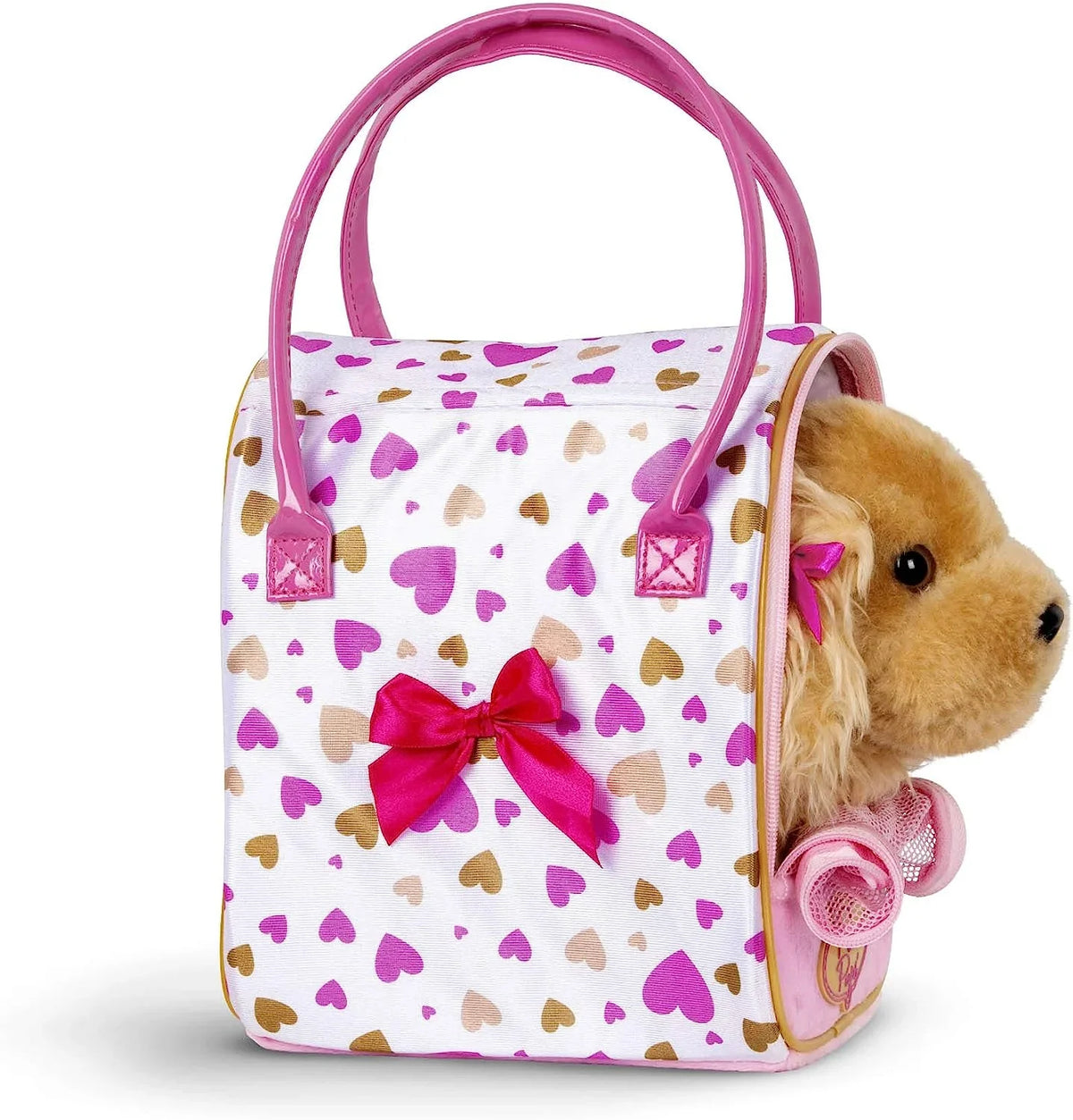 Pucci Spaniel, Glam inches 8 Gold Heart Pink Battat Pups w/Cocker Print & Bag by