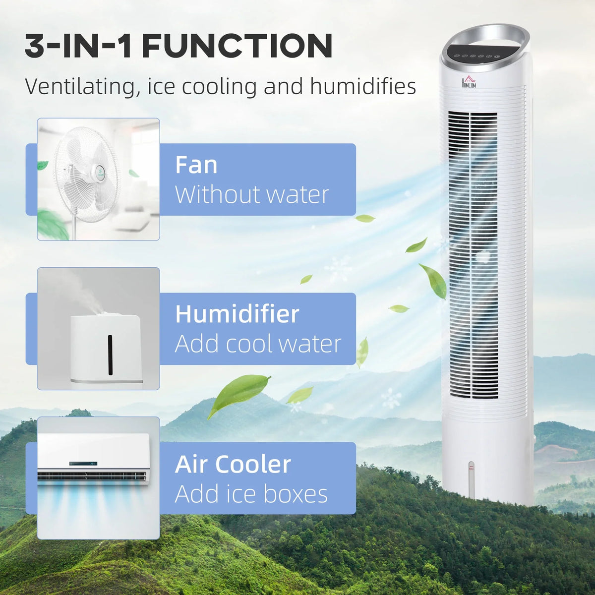 Humidifier, 40" Cooler Air Ice Cooling Timer, 3-In-1 with Modes, Fan Office, Display, 3 White Home 3 8H Speeds, Evaporative LED Remote, for Oscillating, HOMCOM