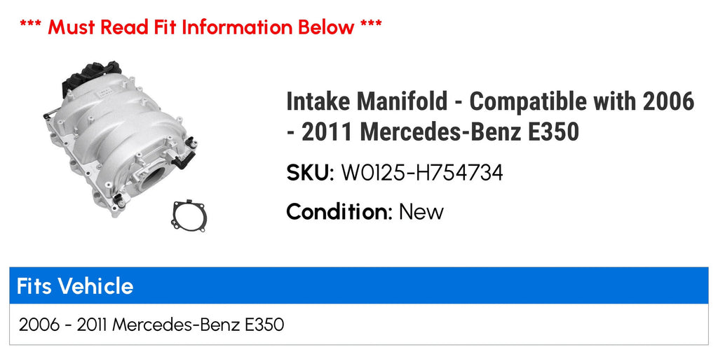 Mercedes-Benz with 2010 Manifold 2006 - 2011 E350 2007 Intake - 2009 Compatible 2008