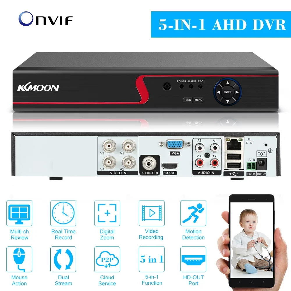 KKmoon Home Plug Full System Recorder Video Monitoring kit P2P for DVR Camera AHD/Analog/TVI/CVI/ Phone CCTV Digital High HDD) Definition (NO 1080P Remote DVR office 4CH