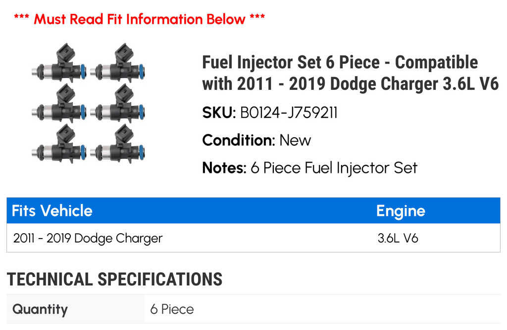 2013 2015 2019 2016 2017 2012 Fuel 2018 with 2011 Injector V6 Dodge Charger - Set 3.6L - 2014 6 Piece Compatible