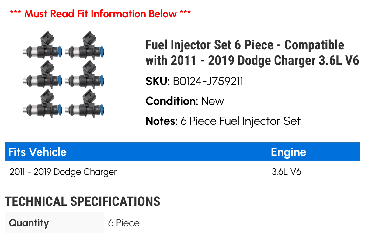 2013 2015 2019 2016 2017 2012 Fuel 2018 with 2011 Injector V6 Dodge Charger - Set 3.6L - 2014 6 Piece Compatible