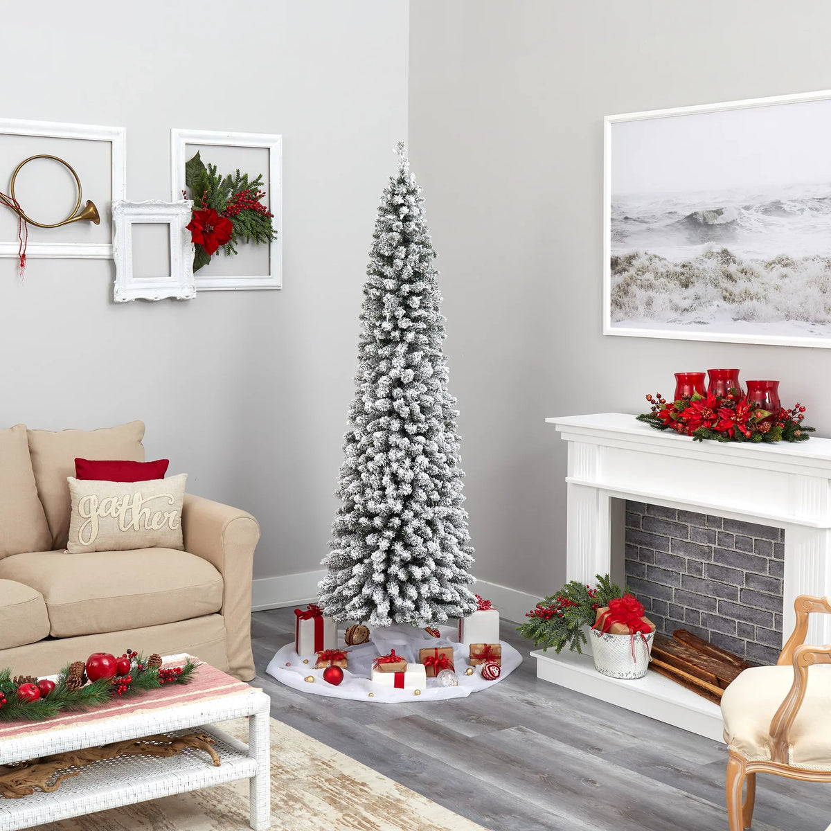 Artificial Pencil White Nearly Clear Lights Natural Prelit Christmas Flocked 7' 400 Tree