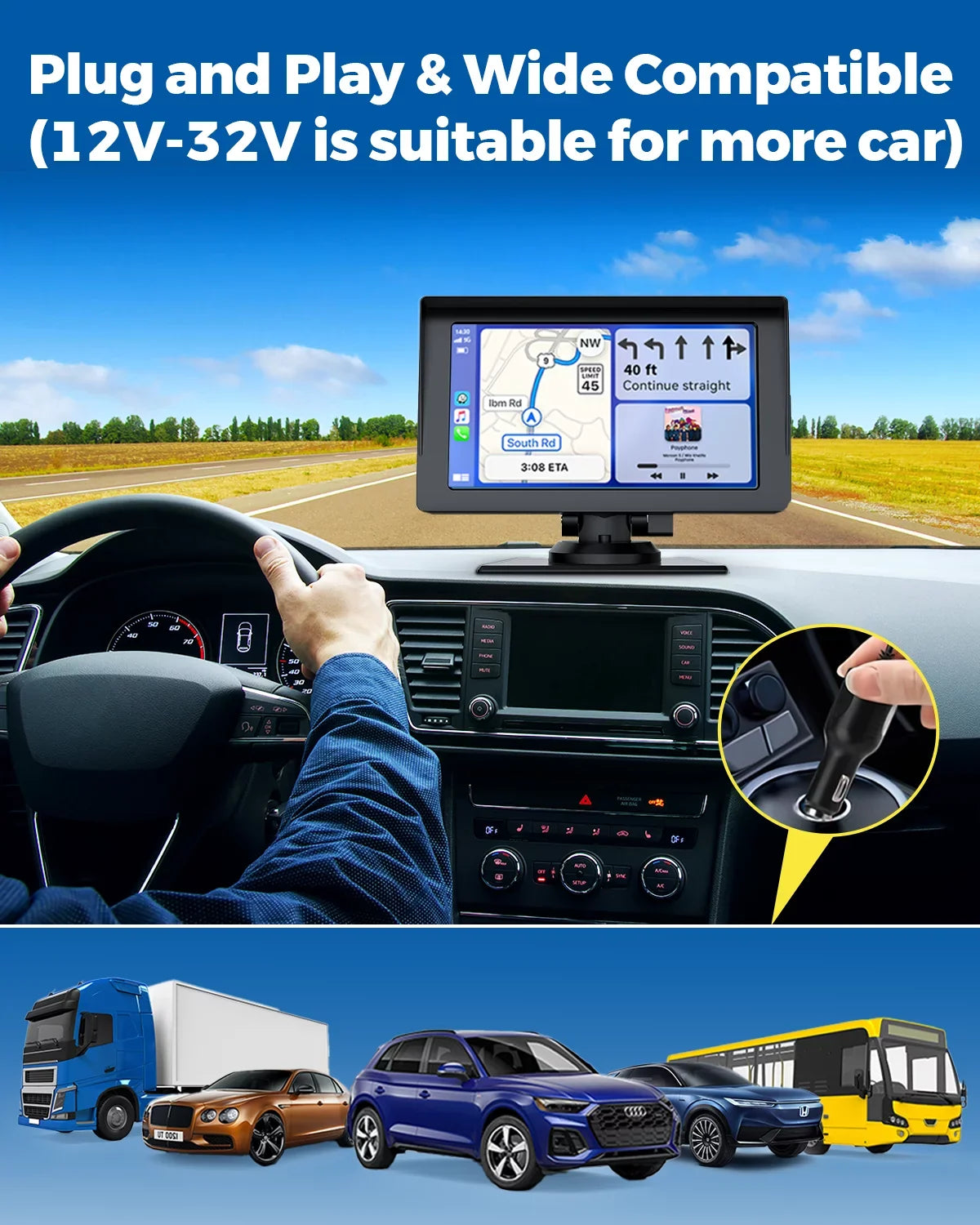 Wireless with Inch Portable Car LAMTTO Siri Camera,HD Car Apple Audio Touchscreen with Auto,Bluetooth,FM, Video,Car Navigation Carplay,1080P Portable Stereo Reverse GPS 7 Receivers Airplay,Android