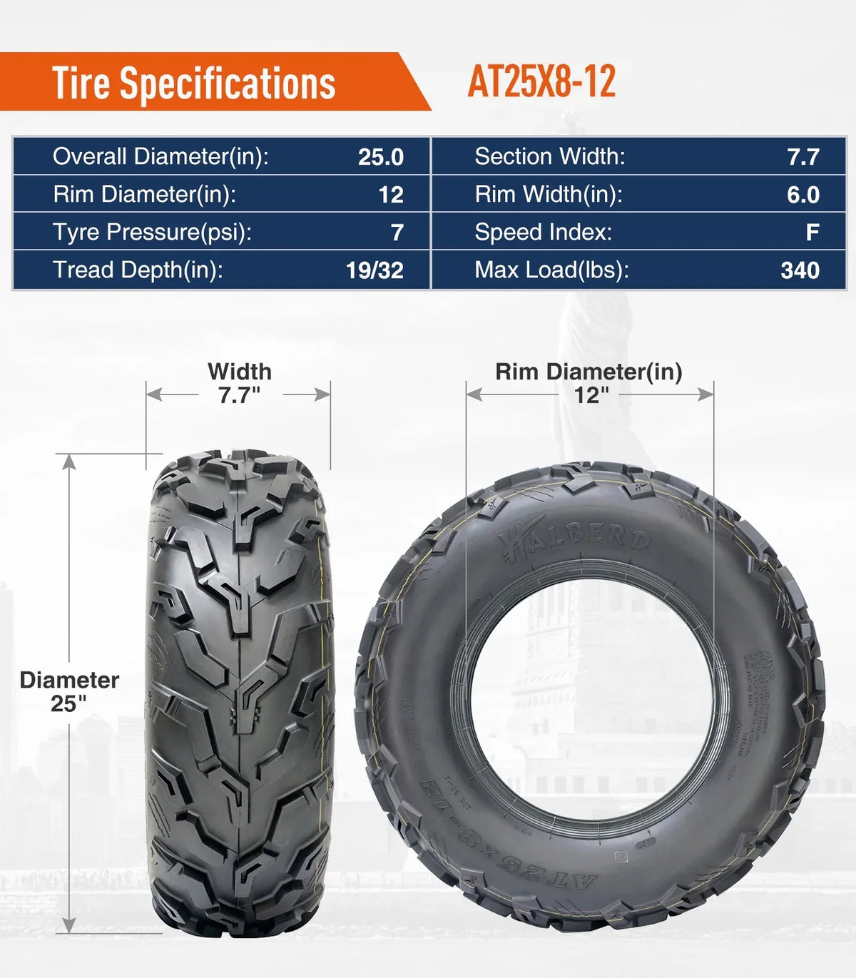 Sand Tires 4 Road 25x10-12 25x8-12 6PR off HALBERD & Tire Terrain All Rear ATV/UTV of Set Trail Front