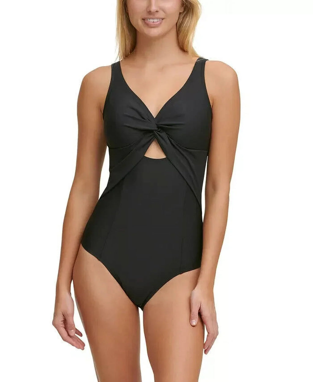 Size MSRP $108 One-Piece 16 Swimsuit Peekaboo Twist-Detail Black Low-Back DKNY