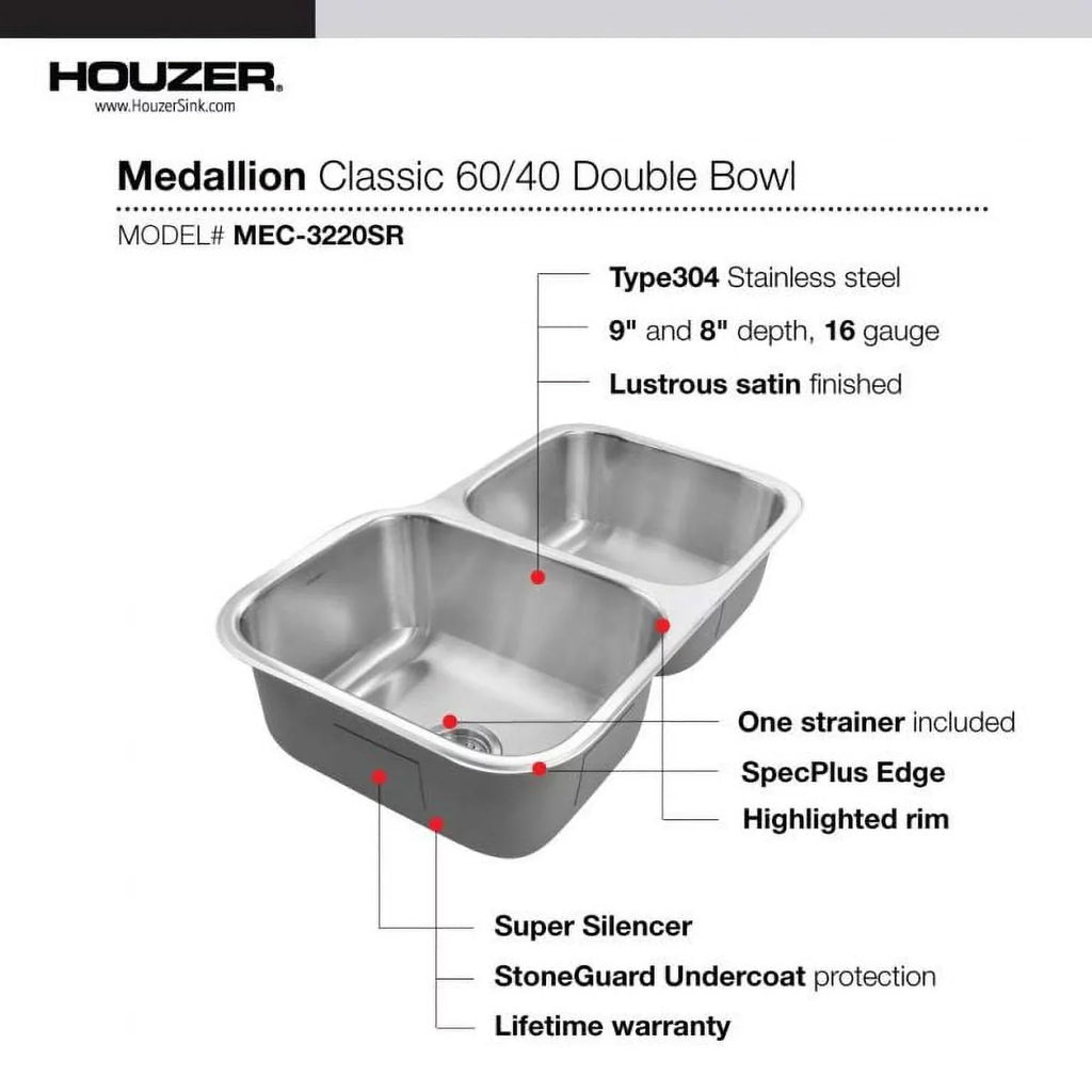 Bowl Kitchen Houzer x Undermount Bowl x x MEC-3220SR-1 Right Sink, Double Small 60/40 Steel 31-1/2" 31-1/2" 20-3/16" 17-15/16" 20-3/16" Stainless