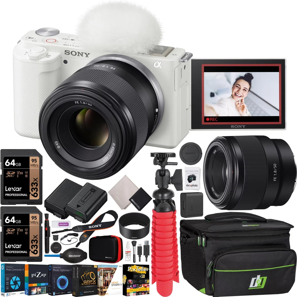 Body Camera and White Case Large Video Sony Battery + Vlog F1.8 APS-C Gear Lens Deco Extra FE Accessories Aperture 50mm Kit ZV-E10 Bundle with SEL50F18F Photo Mirrorless Alpha + ILCZV-E10/W