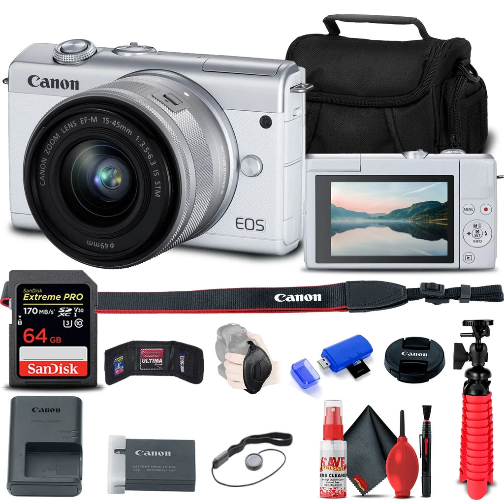 M200 15-45mm Cap Wallet Memory Cleaning Flex Strap Camera with (3700C009) + + + Canon + Lens EOS Card Kit Tripod + Reader Case + + Mirrorless + 64GB Card Hand (White) Keeper Memory