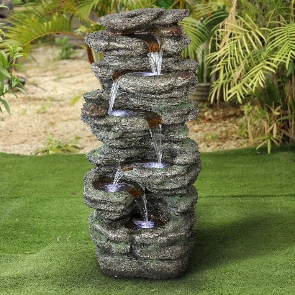 Polyresin Fountain Floor Decor Patio Natural Outdoor Lighted Fountain LED for Meedzom Water Garden 40''H