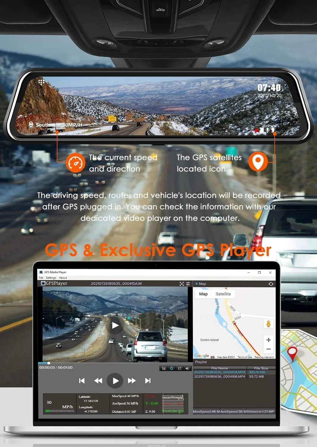Monitor, Mirror Cam Vision, Rear Camera, Parking 2.5K Free WOLFBOX 32GB with Camera, Dash View GPS, Wi-Fi Built-in Card and Front Night 1080P 12'' Rear Mirror