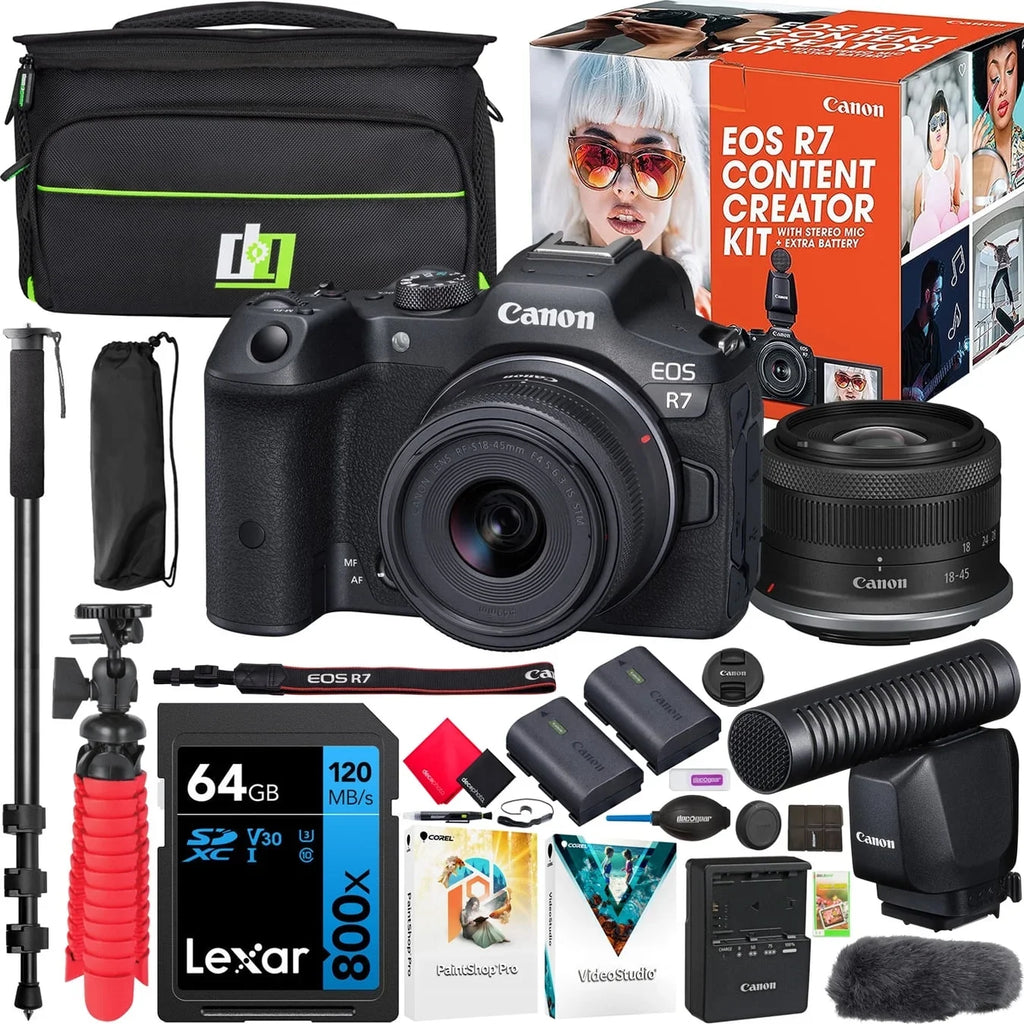 Deco 18-45mm R7 Gear + 5137C055 IS Battery 2 Photography & + Creator Monopod Bag Mirrorless with + EOS Including Software Canon Bundle Content Kit Body + Accessories Microphone Lens Camera STM +