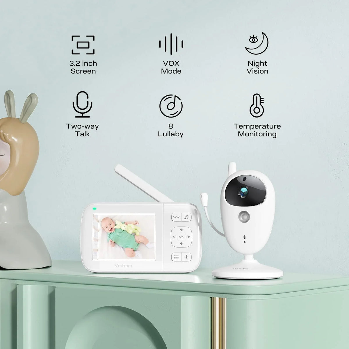 Night Wireless LCD Transmission, Vision, Home with Sensor, Digital Baby Screen Way Yoton Talk Mode, 8 Camera, Security, 2.4GHz VOX Two Temperature Monitor Lullabies, 3.5-inch