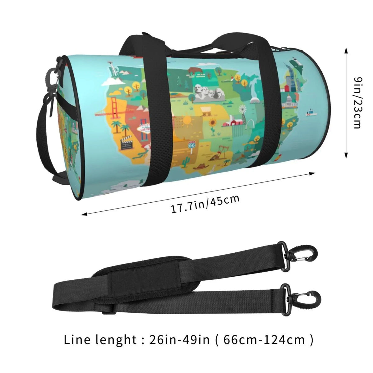 USA Travel Bag Bag Luggage Coaee with Tourist Map Cylinder and Gym Pocket Large Capacity Sports Bag Compartment Waterproof