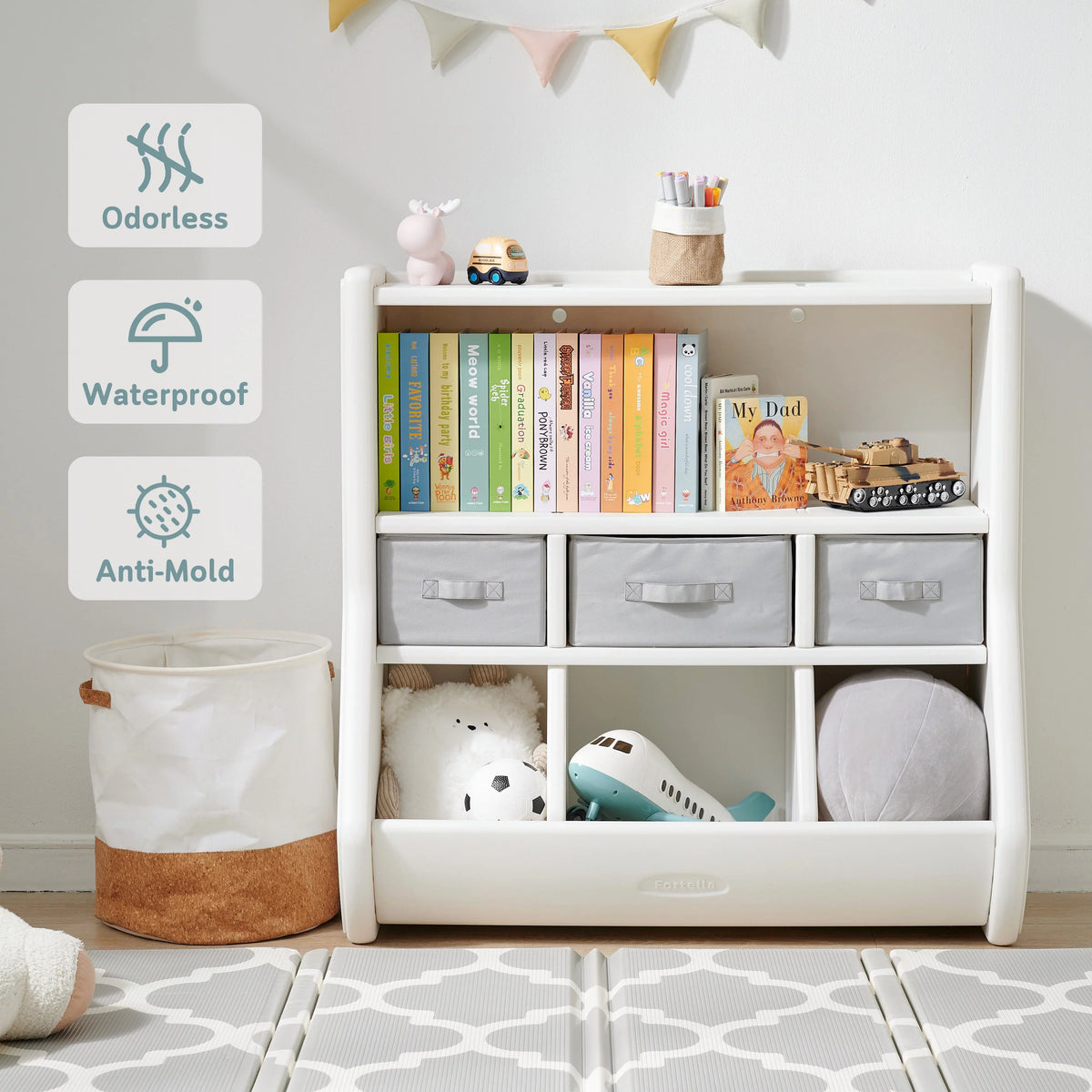 Toy and of Removable HDPE, Large 3 Kids with The Toy Box Fortella, Montessori Modern and by and BPA Bookshelf, 3 Cabinet for Formaldehyde Drawers, Safe Shelf, Storage Bins, Display FREE Made Organizer