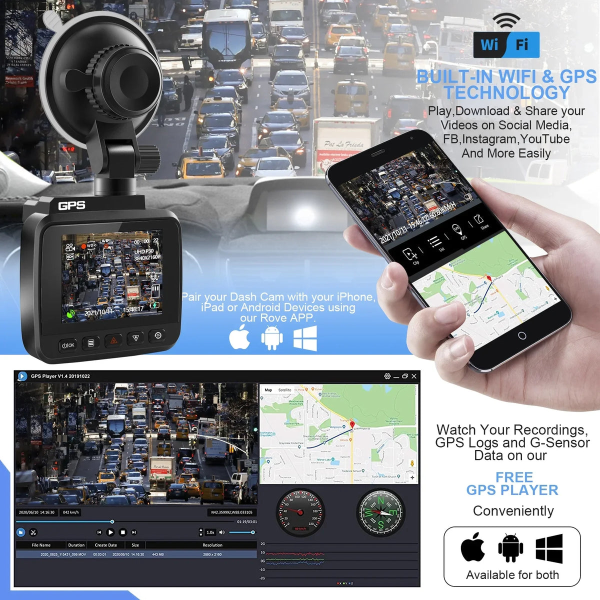 Cam Recording, Dash Wide Car Rear with WDR, Front Cam Loop Night Dash Camera, 4K Monitor, Angle Built-in GPS 2160P G-Sensor, Vision, Recorder Cars, WiFi & with 170° Parking FHD and Driving for
